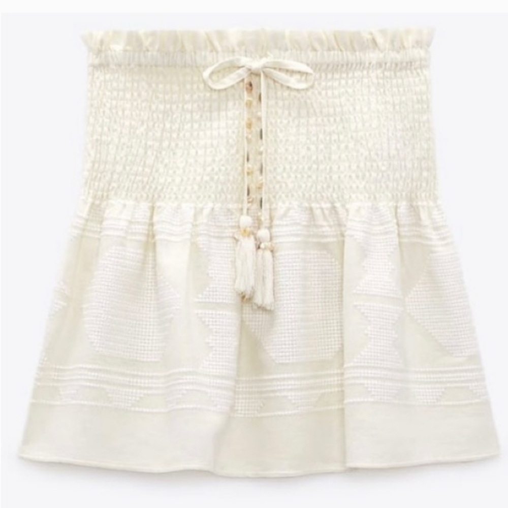 NWOT Zara Linen Blend Tribal Smocked Flare Skirt, Strapless Top Swim Cover M